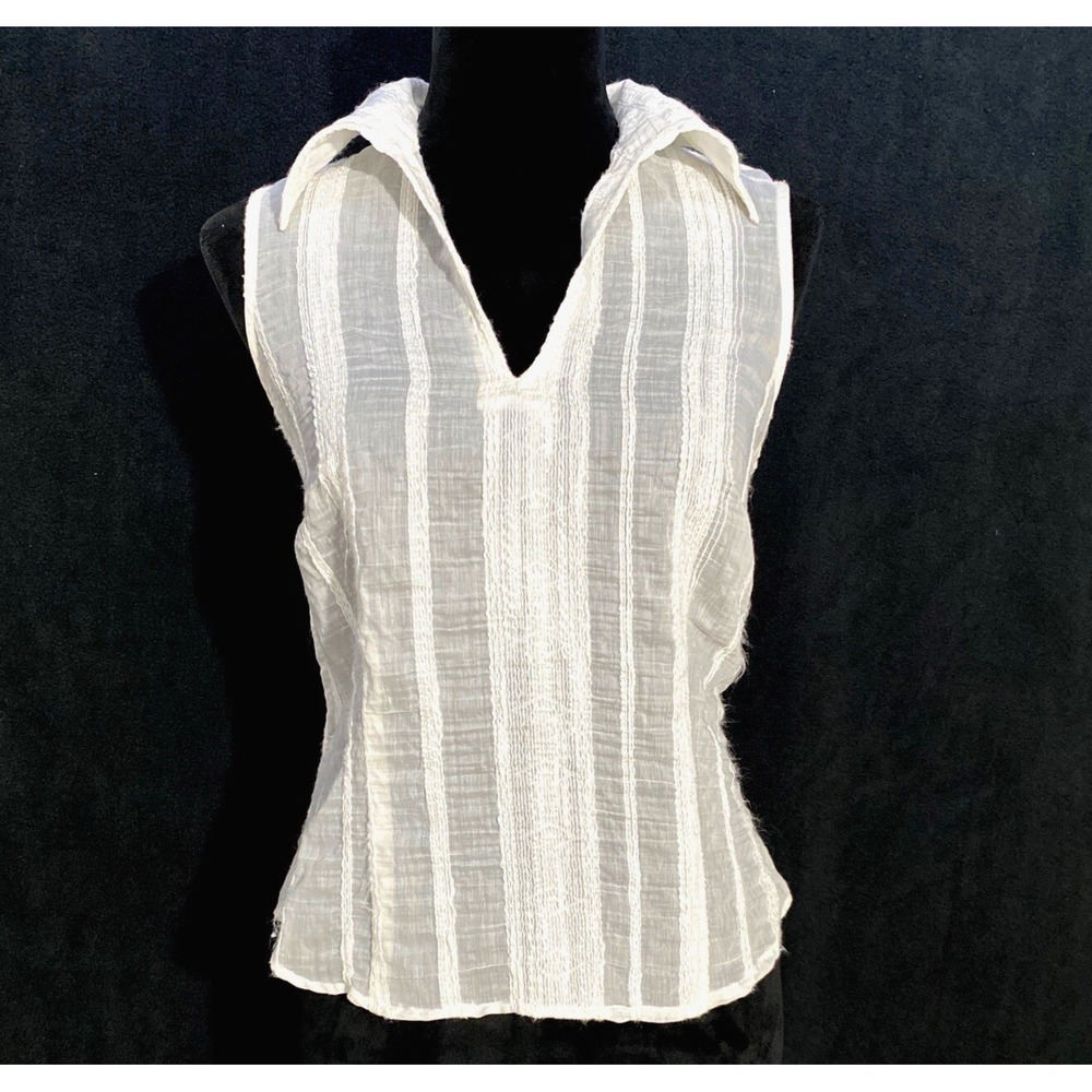 Renfrew Collection Top MED Ivory‎ Textured Stripe Island Boho Semi Sheer V Neck